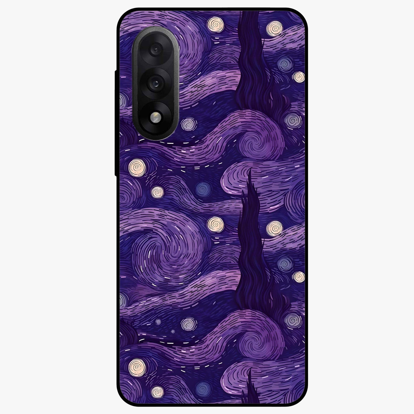 Purple Swirls Glass Case for 1+Nord 5 artistic front view featuring flowing swirl artwork in rich purple tones