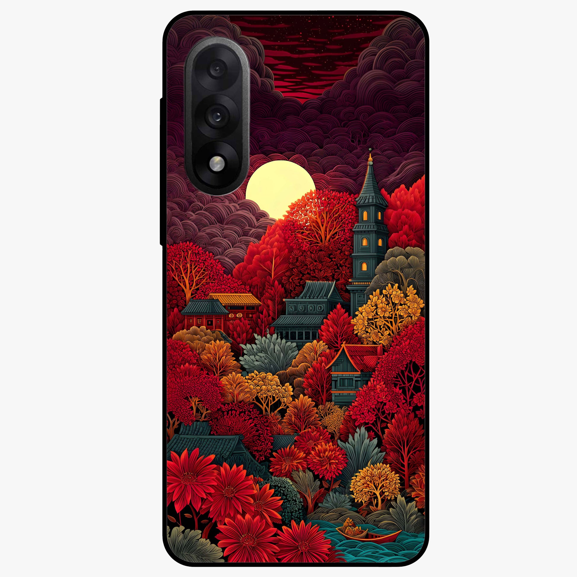 Red Scenery Hot Glass Case for 1+Nord 5 dramatic front view featuring bold red landscape artwork