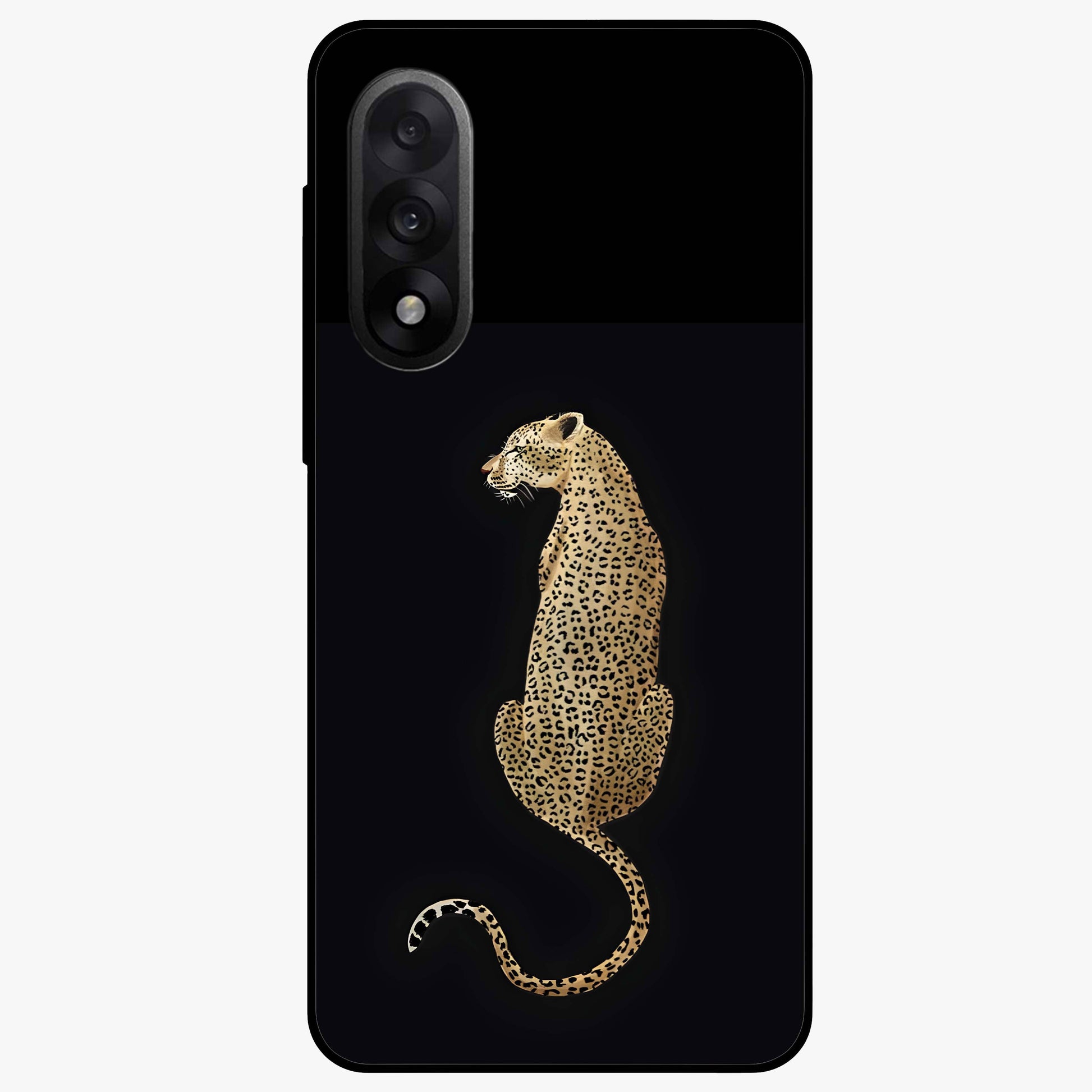 Regal Leopard Glass Case for 1+Nord 5 bold front view featuring majestic leopard artwork with rich tones