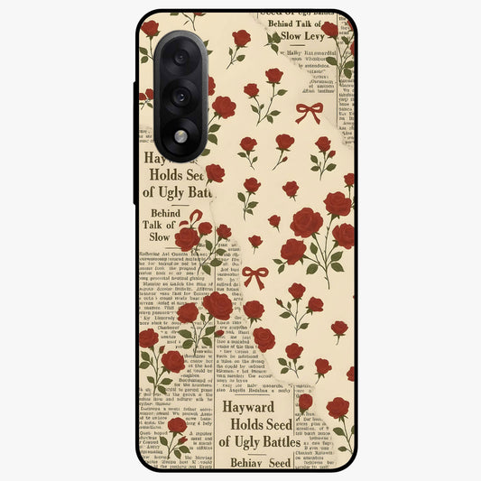 Retro Rose Journal Glass Case for 1+Nord 5 elegant front view featuring vintage rose artwork with journal aesthetic