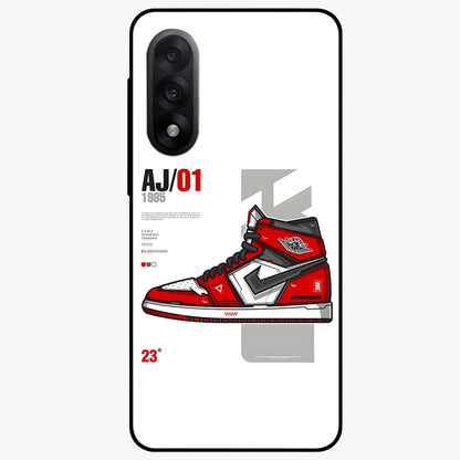 Retro Sneaker Blueprint Glass Case for 1+Nord 5 bold front view featuring sneaker blueprint style artwork