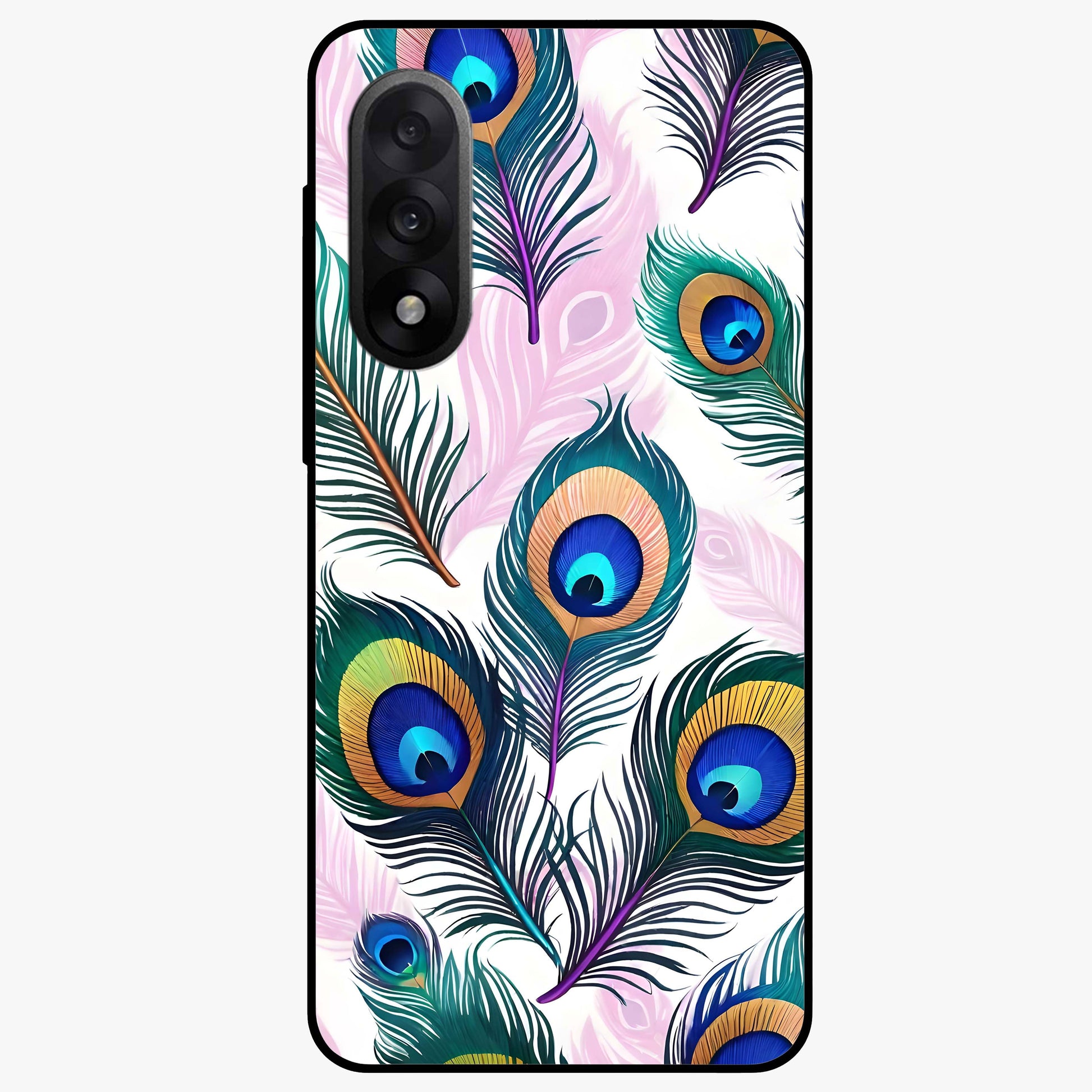 Royal Peacock Feathers Glass Case for 1+Nord 5 vibrant front view featuring detailed peacock feather artwork