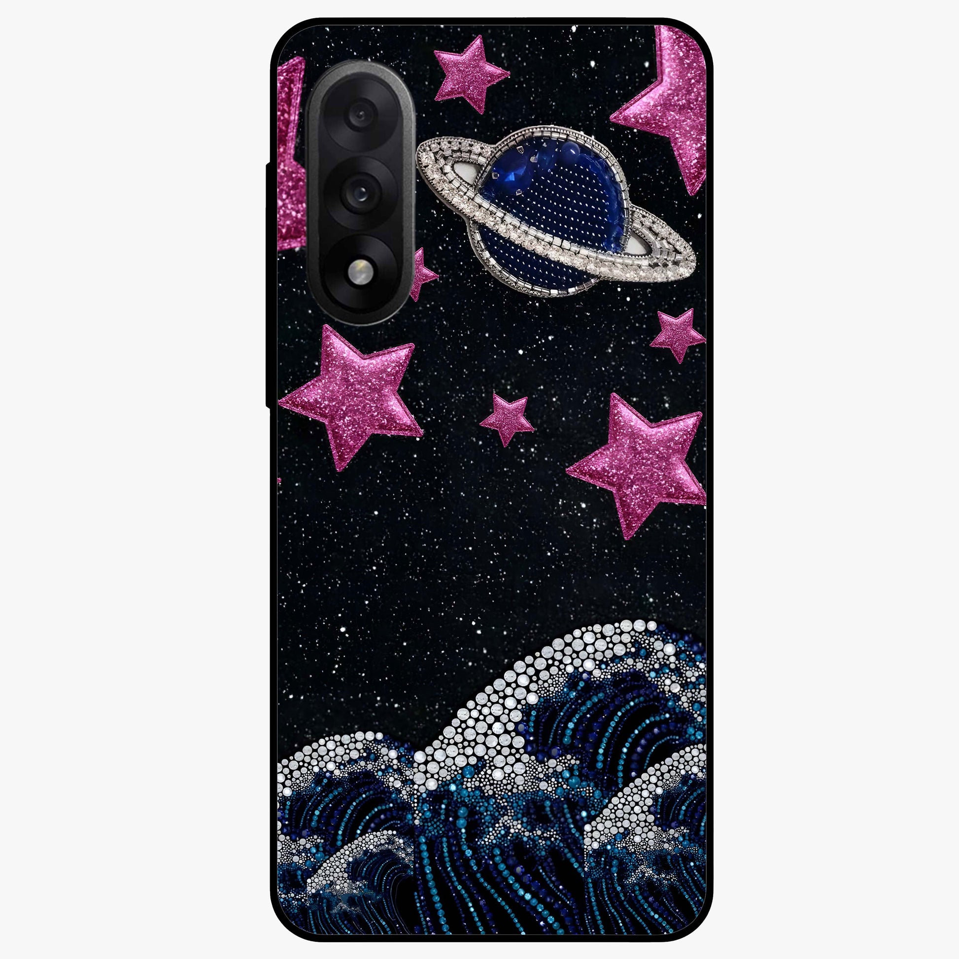 Saturn Pink Storm Glass Case for 1+Nord 5 bold front view featuring cosmic Saturn artwork in vibrant pink tones