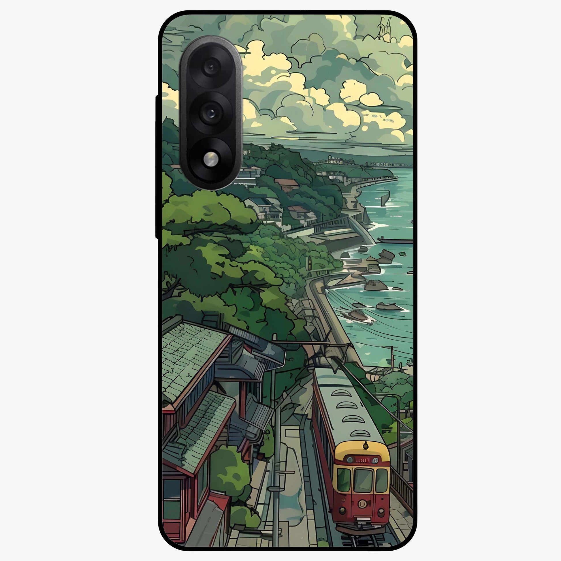 Seaside Train Ride Glass Case for 1+Nord 5 scenic front view featuring coastal train landscape artwork