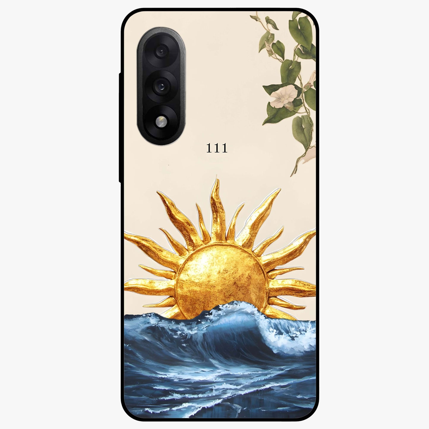 Solar Wave Bloom Glass Case for 1+Nord 5 vibrant front view featuring floral artwork blended with solar wave patterns