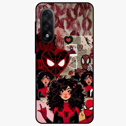 Spider Love Story Glass Case for 1+Nord 5 bold front view featuring superhero inspired romantic artwork