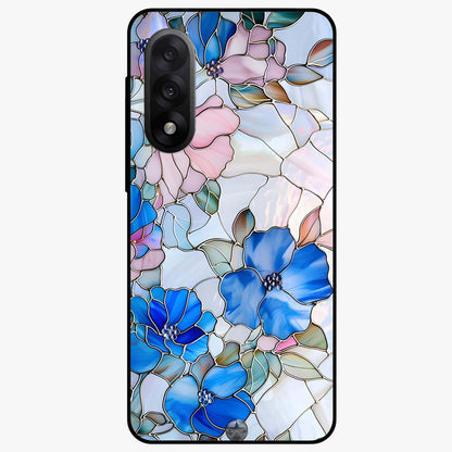 Stained Blue Floral Glass Case for 1+Nord 5 elegant front view featuring blue stained glass inspired floral artwork
