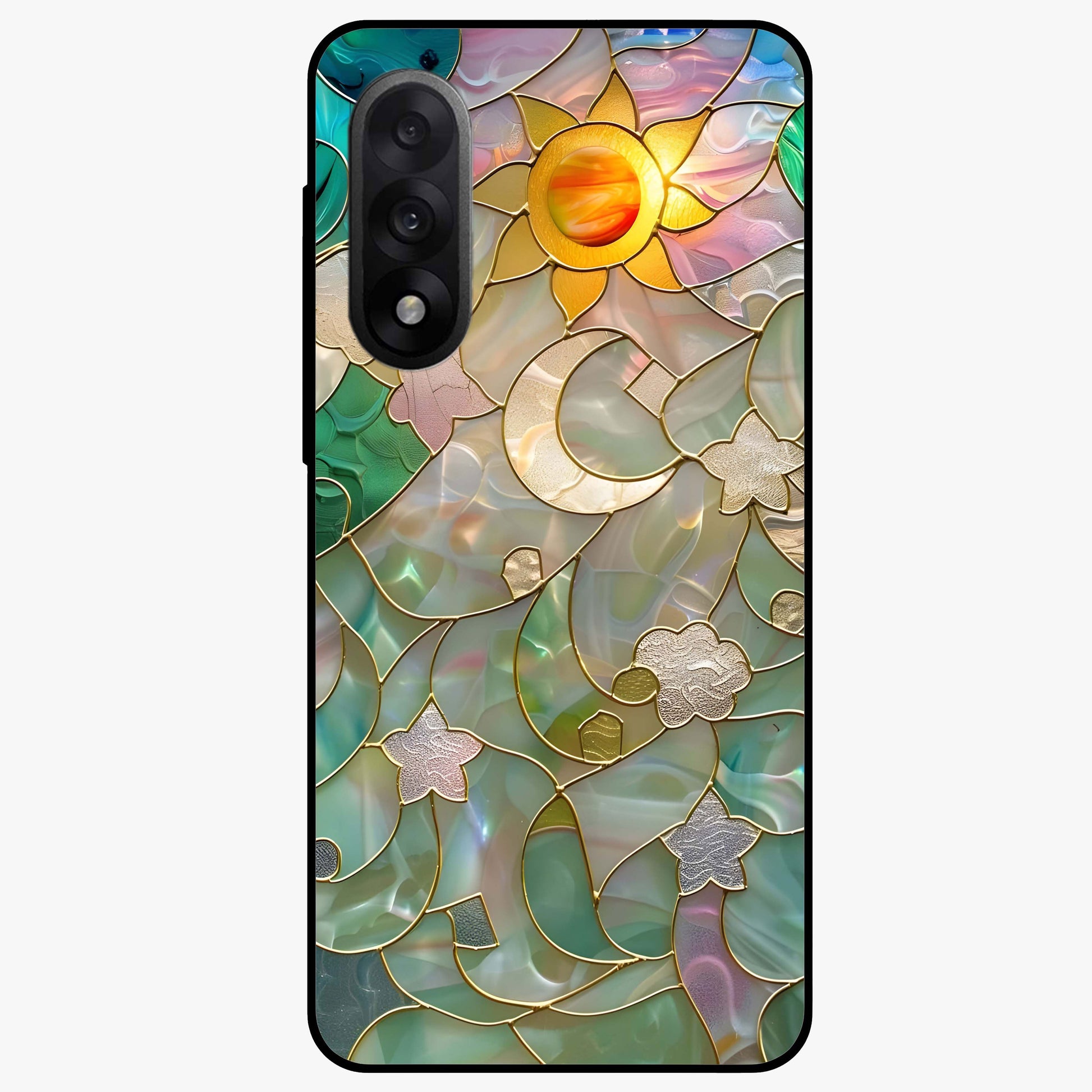 Stained Sunrise Glow Glass Case for 1+Nord 5 radiant front view featuring sunrise inspired stained glass artwork