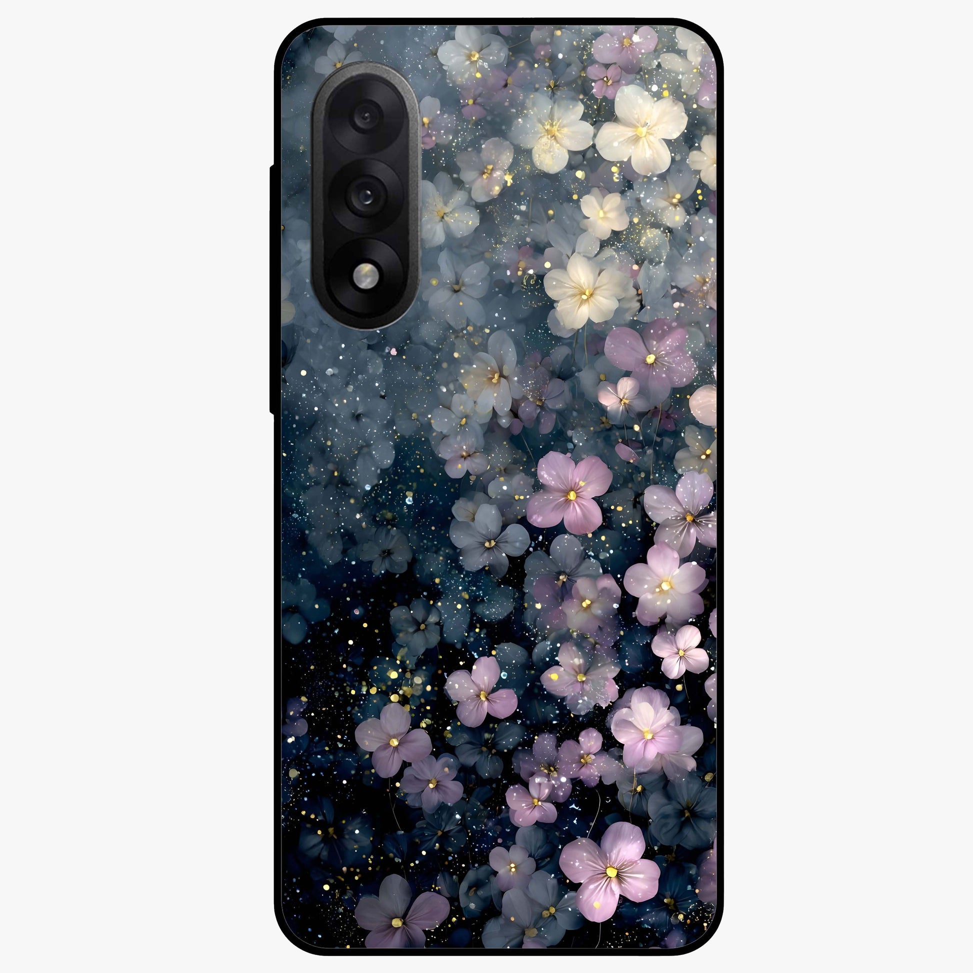 Starlit Blossom Dreams Glass Case for 1+Nord 5 dreamy front view featuring floral artwork under sparkling night sky