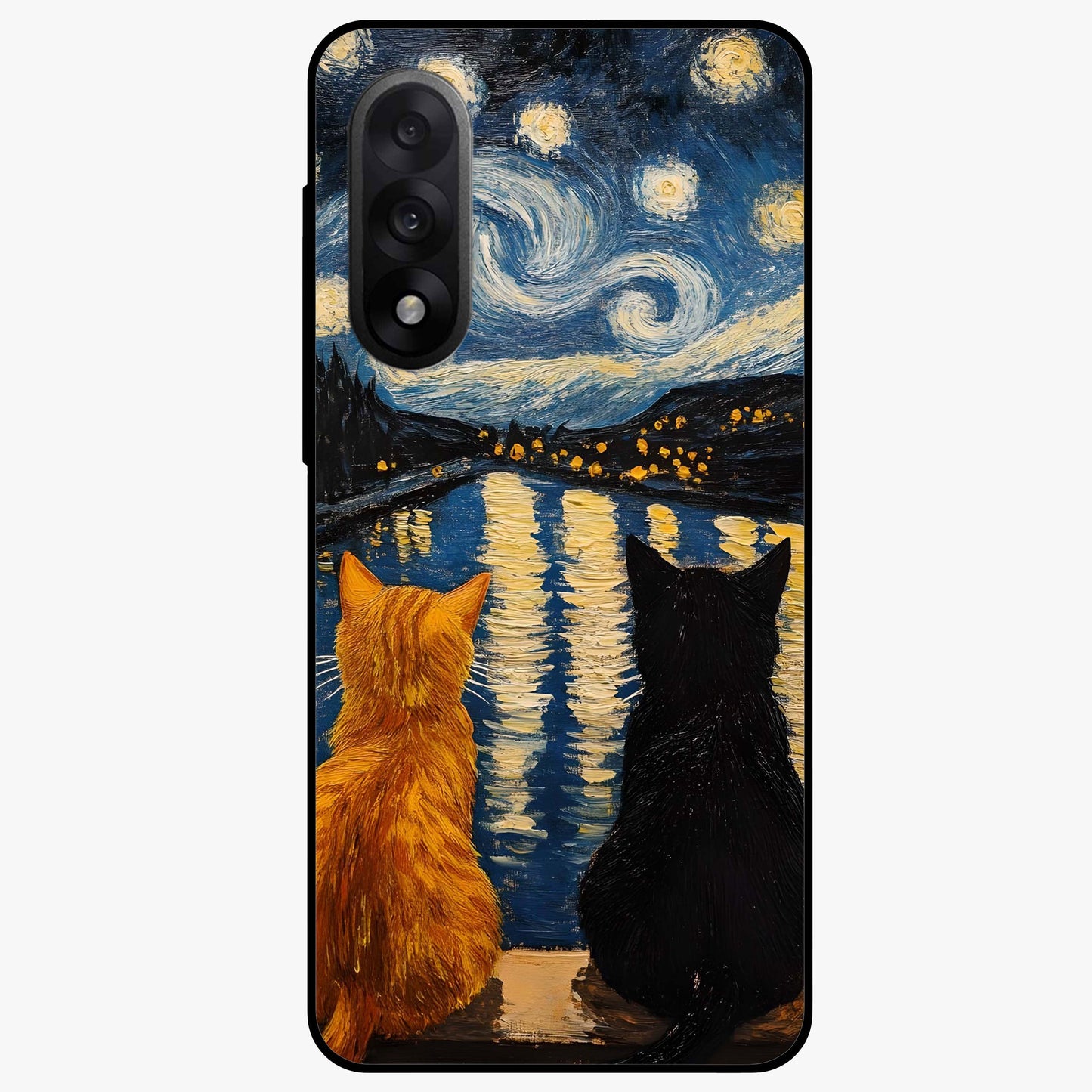 Starry River Cats Glass Case for 1+Nord 5 artistic front view featuring cats by a glowing river under starry sky