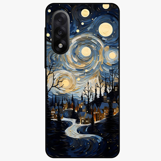 Starry Winter Town Glass Case for 1+Nord 5 scenic front view featuring snowy town artwork under sparkling night sky