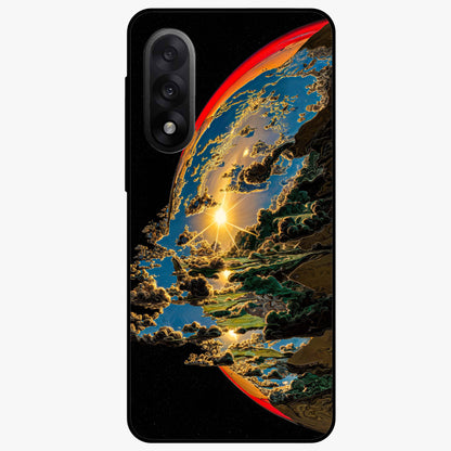 Sunrise Bursting Glass Case for 1+Nord 5 radiant front view featuring vibrant sunrise inspired artwork