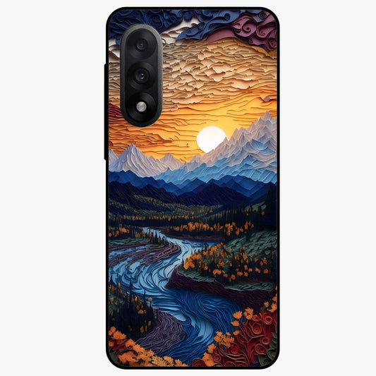 Sunrise River Dreams Glass Case for 1+Nord 5 scenic front view featuring river landscape under glowing sunrise sky