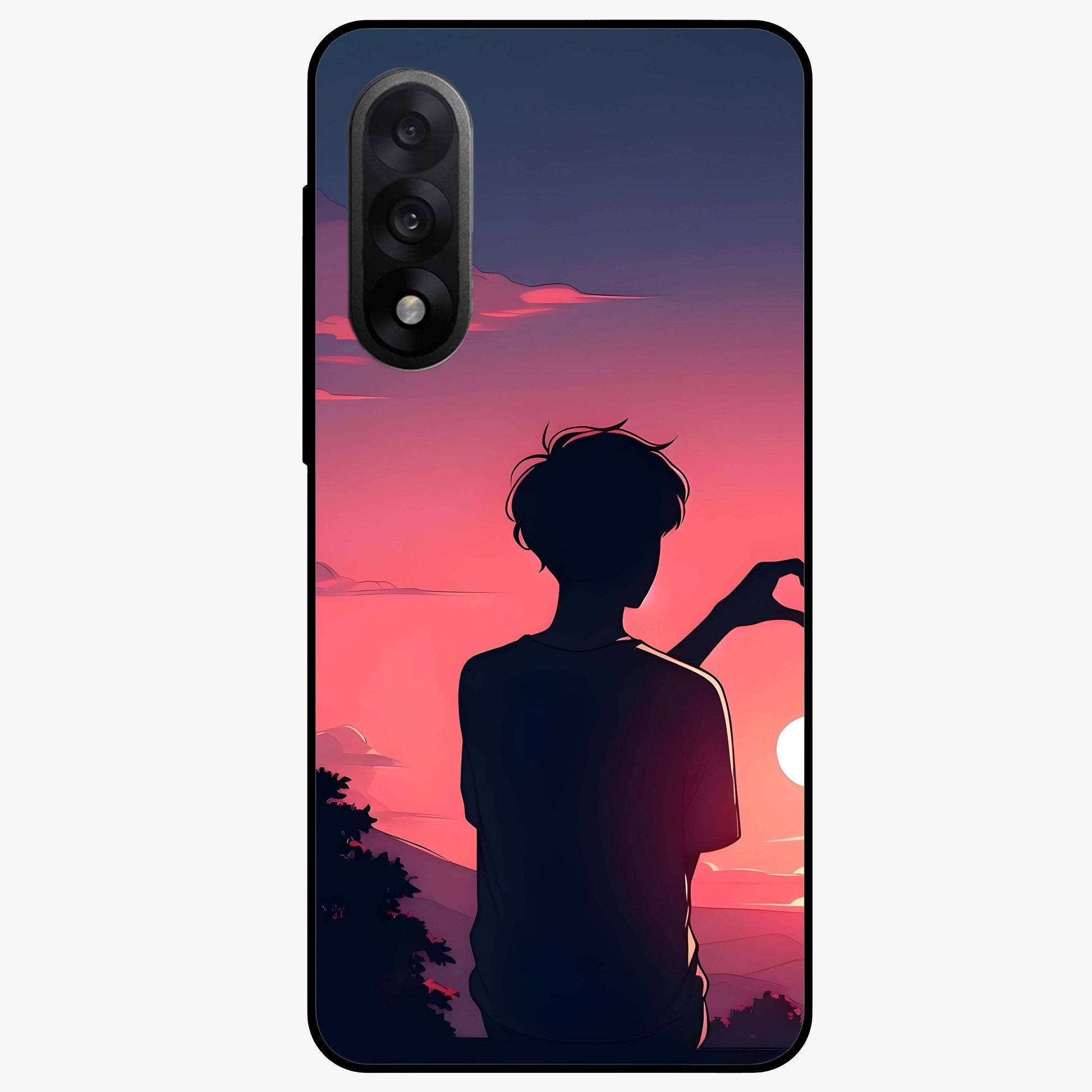 Sunset Silhouette Girl Glass Case for 1+Nord 5 aesthetic front view featuring girl silhouette under glowing sunset sky
