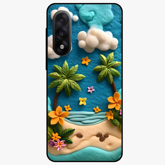 Tropical Felt Escape Glass Case for 1+Nord 5 refreshing front view featuring tropical inspired artistic artwork
