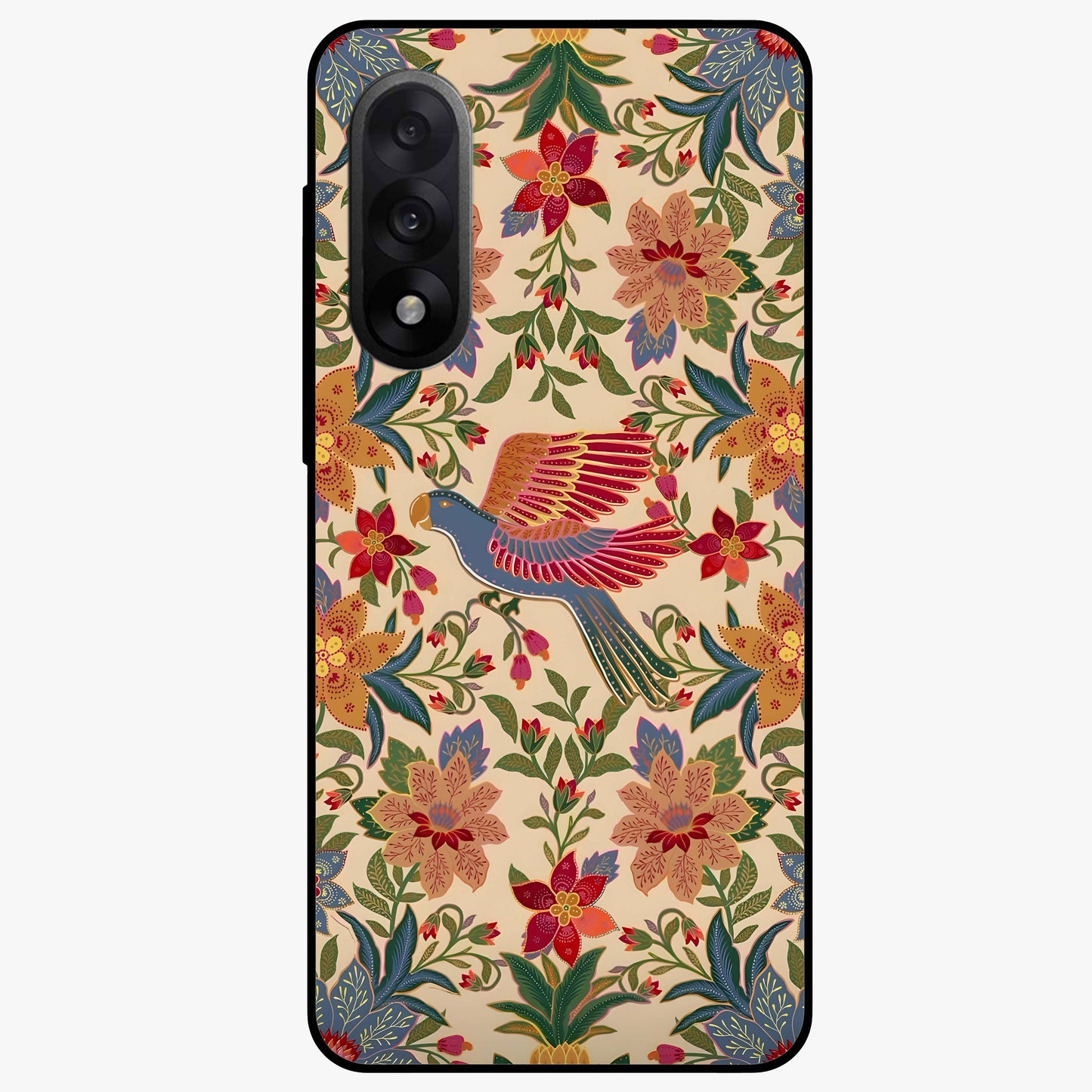 Tropical Folk Art Bird Glass Case for 1+Nord 5 artistic front view featuring colorful bird artwork in folk style