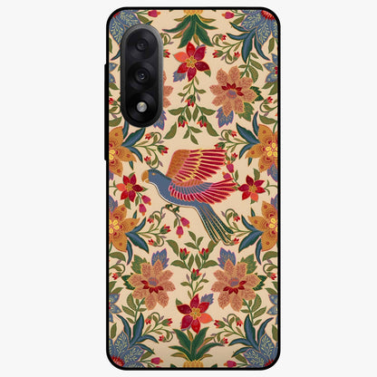 Tropical Folk Art Bird Glass Case for 1+Nord 5 artistic front view featuring colorful bird artwork in folk style