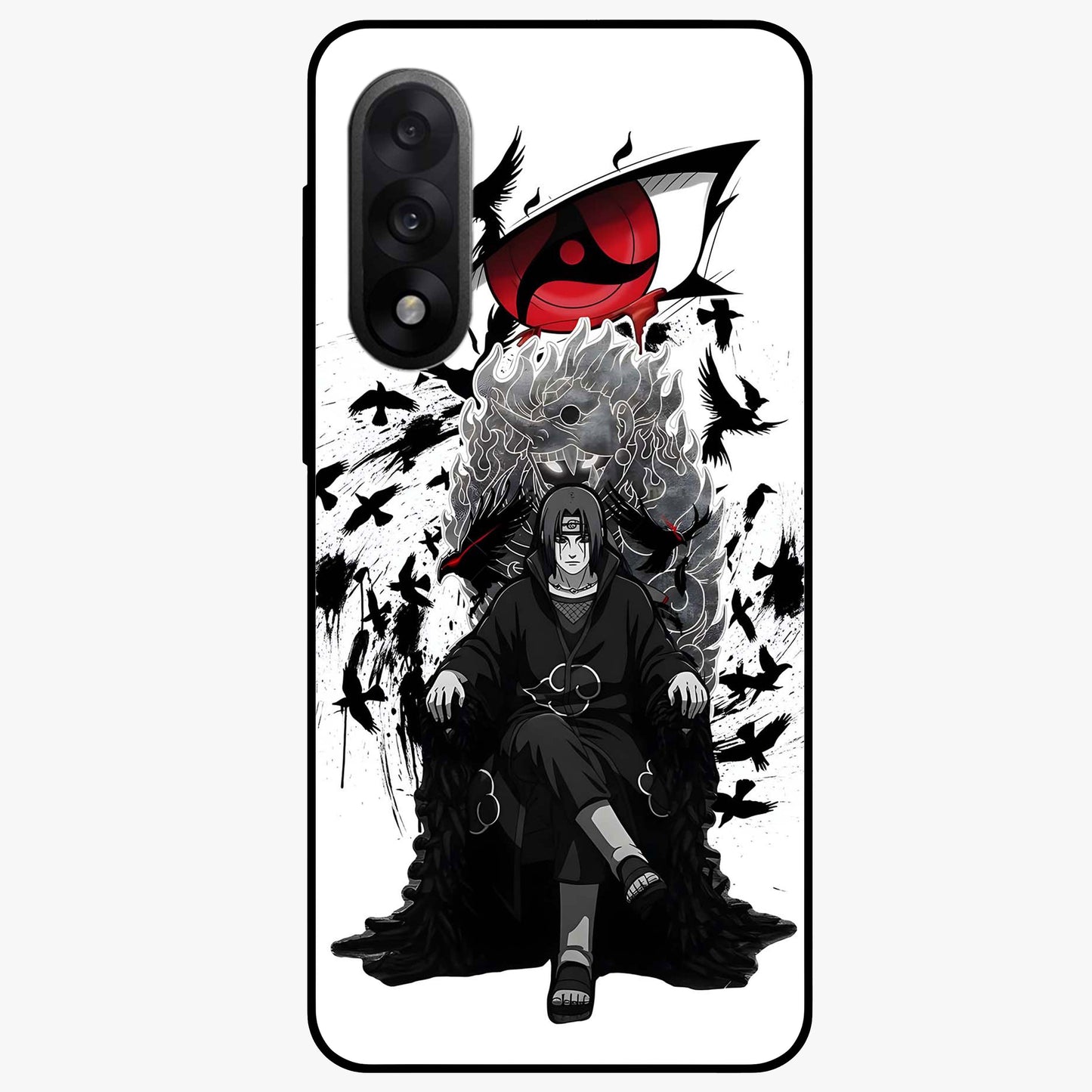 Uchiha Shadow Throne Glass Case for 1+Nord 5 intense front view featuring dark anime inspired throne artwork