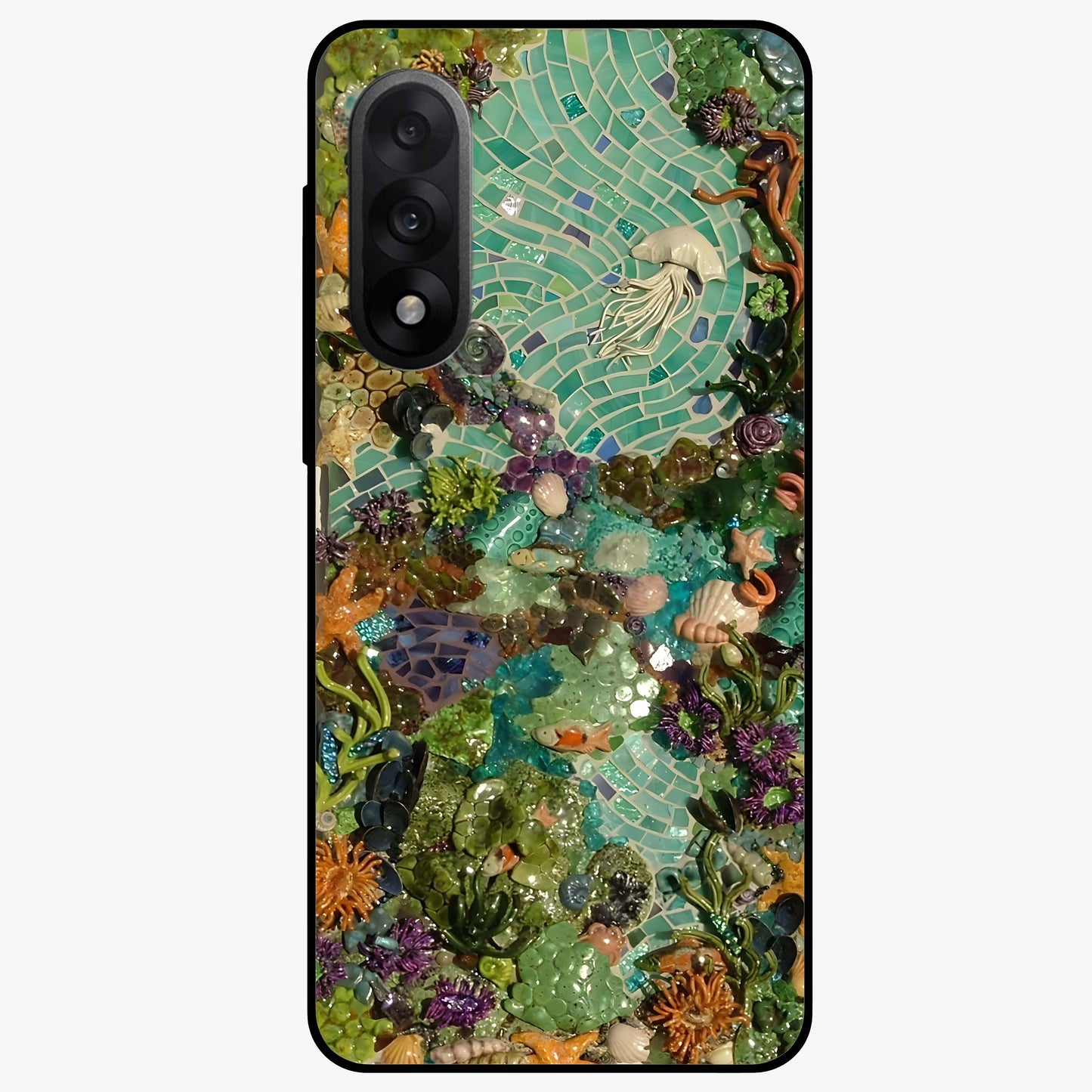 Underwater Mosaic Art Glass Case for 1+Nord 5 artistic front view featuring mosaic inspired underwater artwork
