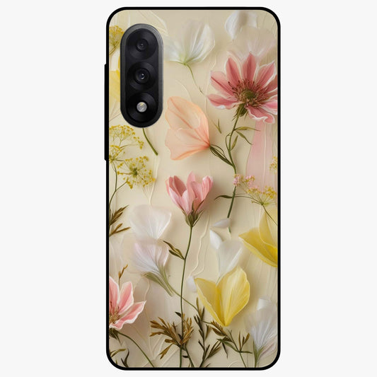 Whispering Petal Harmony Glass Case for 1+Nord 5 elegant front view featuring soft floral artwork in pastel tones