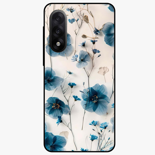 Whispers of Blue Bloom Glass Case for 1+Nord 5 vibrant front view featuring blue floral artwork with soft glow