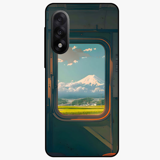 Window to Fuji Glass Case for 1+Nord 5 scenic front view featuring Mount Fuji artwork framed through a window design