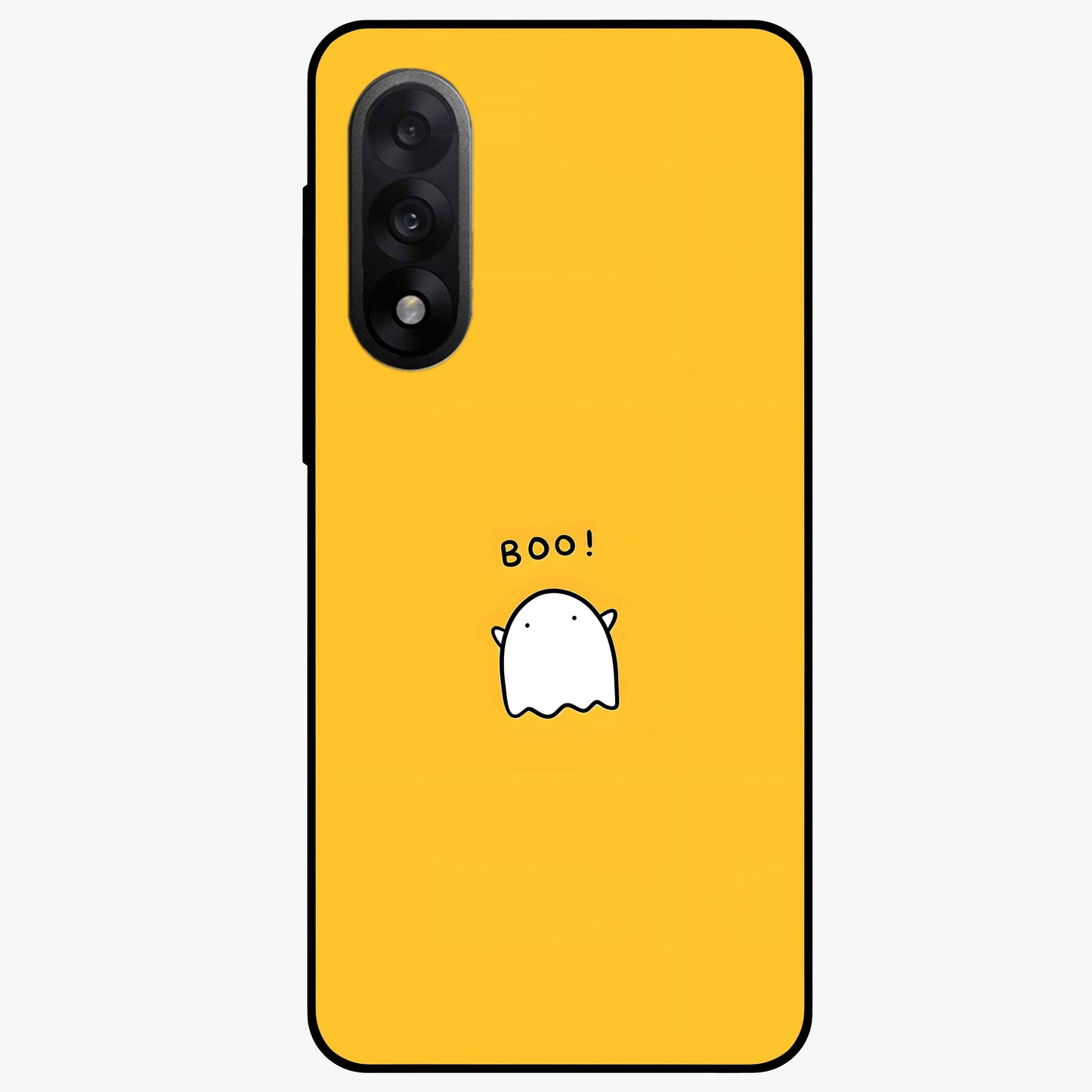 Yellow Boo Ghost Glass Case for 1+Nord 5 playful front view featuring cute ghost artwork in vibrant yellow tones