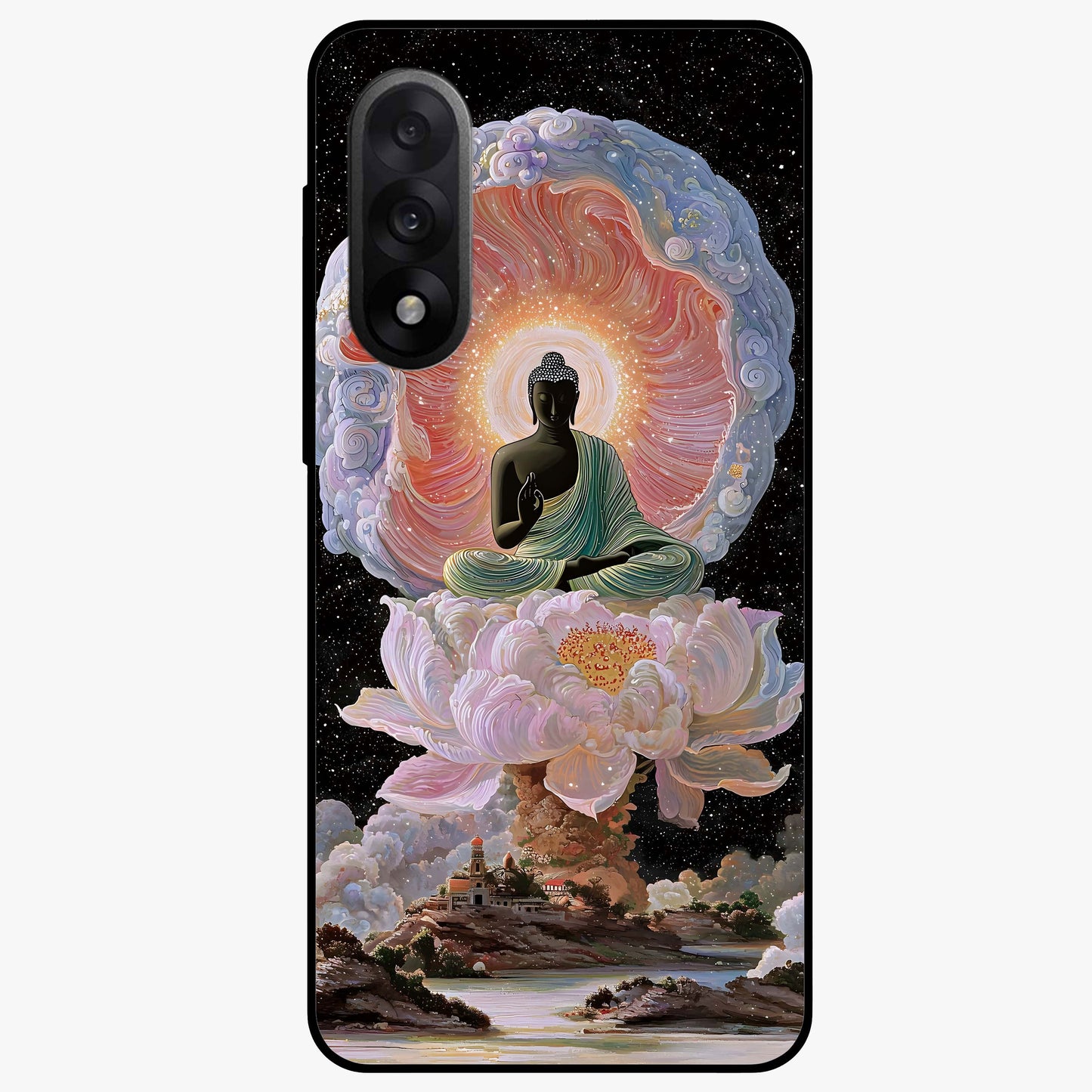 Zen Lotus Realm Glass Case for 1+Nord 5 peaceful front view featuring lotus artwork with calm spiritual tones