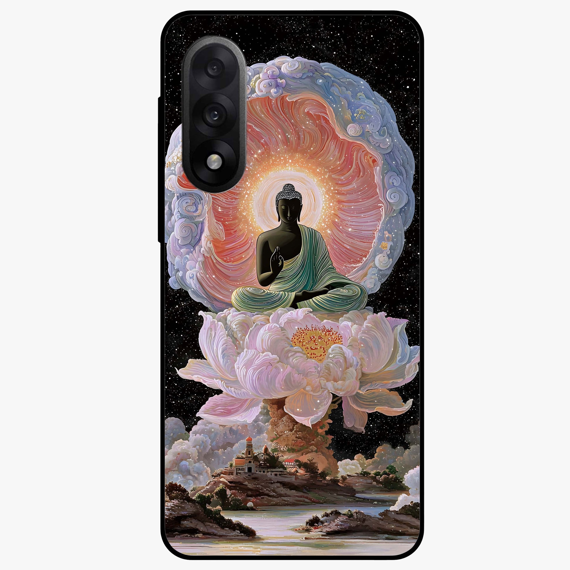 Zen Lotus Realm Glass Case for 1+Nord 5 peaceful front view featuring lotus artwork with calm spiritual tones