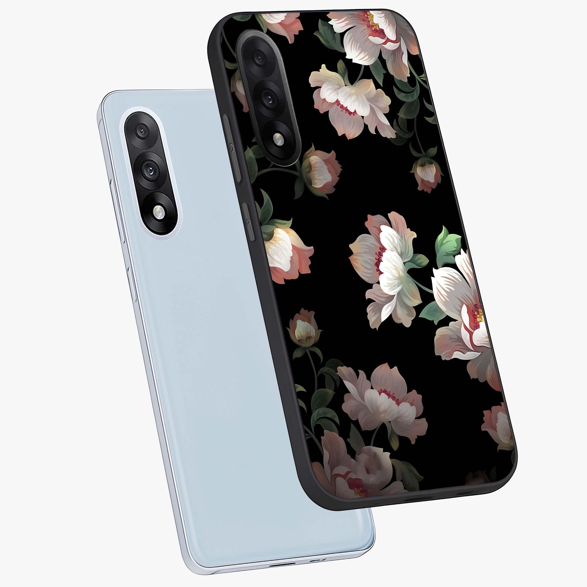 Abstract Embossed Blooming Bright Flower Glass Case for 1+Nord 5 angled mockup showcasing glossy surface and detailed bloom design