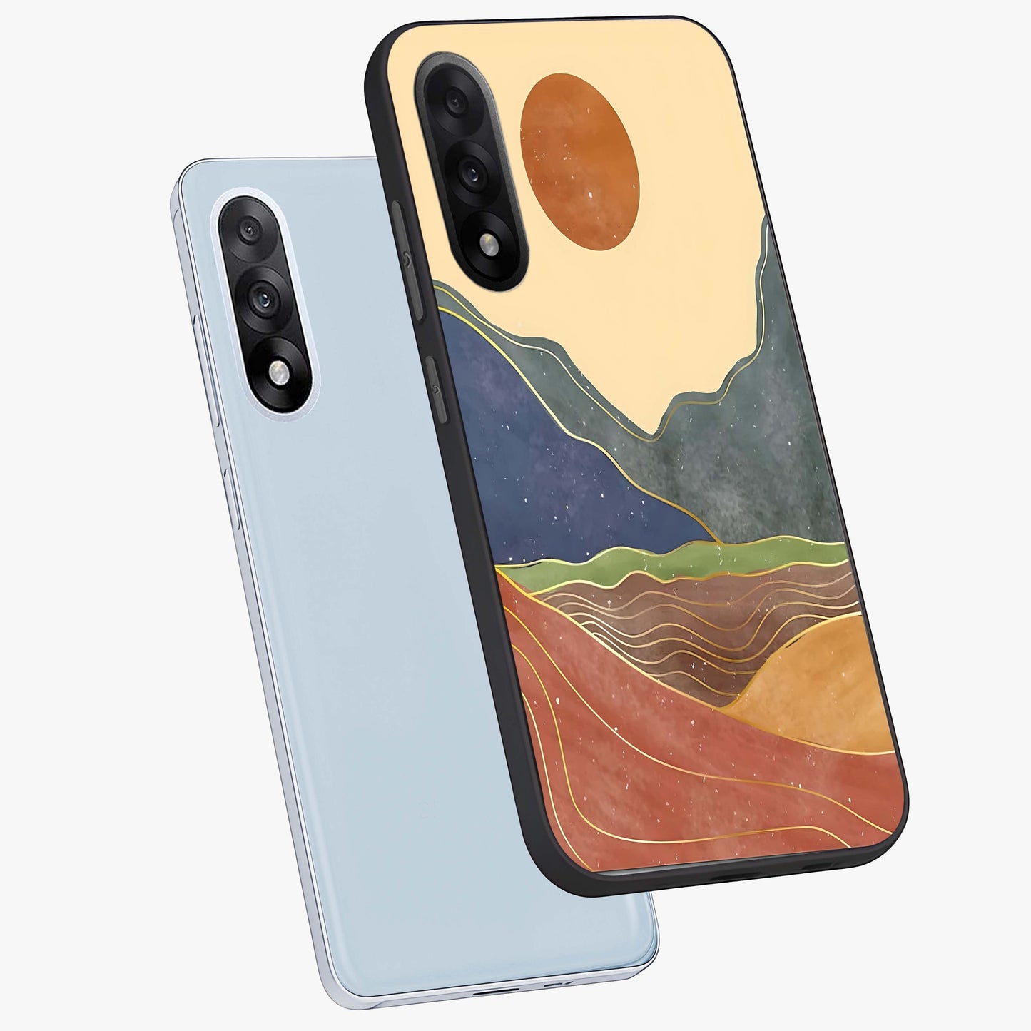 Abstract Mountain Glow Glass Case for 1+Nord 5 angled mockup showcasing glossy glass finish and scenic gradient tones