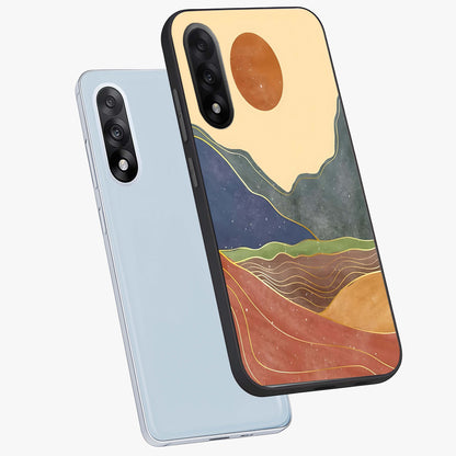 Abstract Mountain Glow Glass Case for 1+Nord 5 angled mockup showcasing glossy glass finish and scenic gradient tones