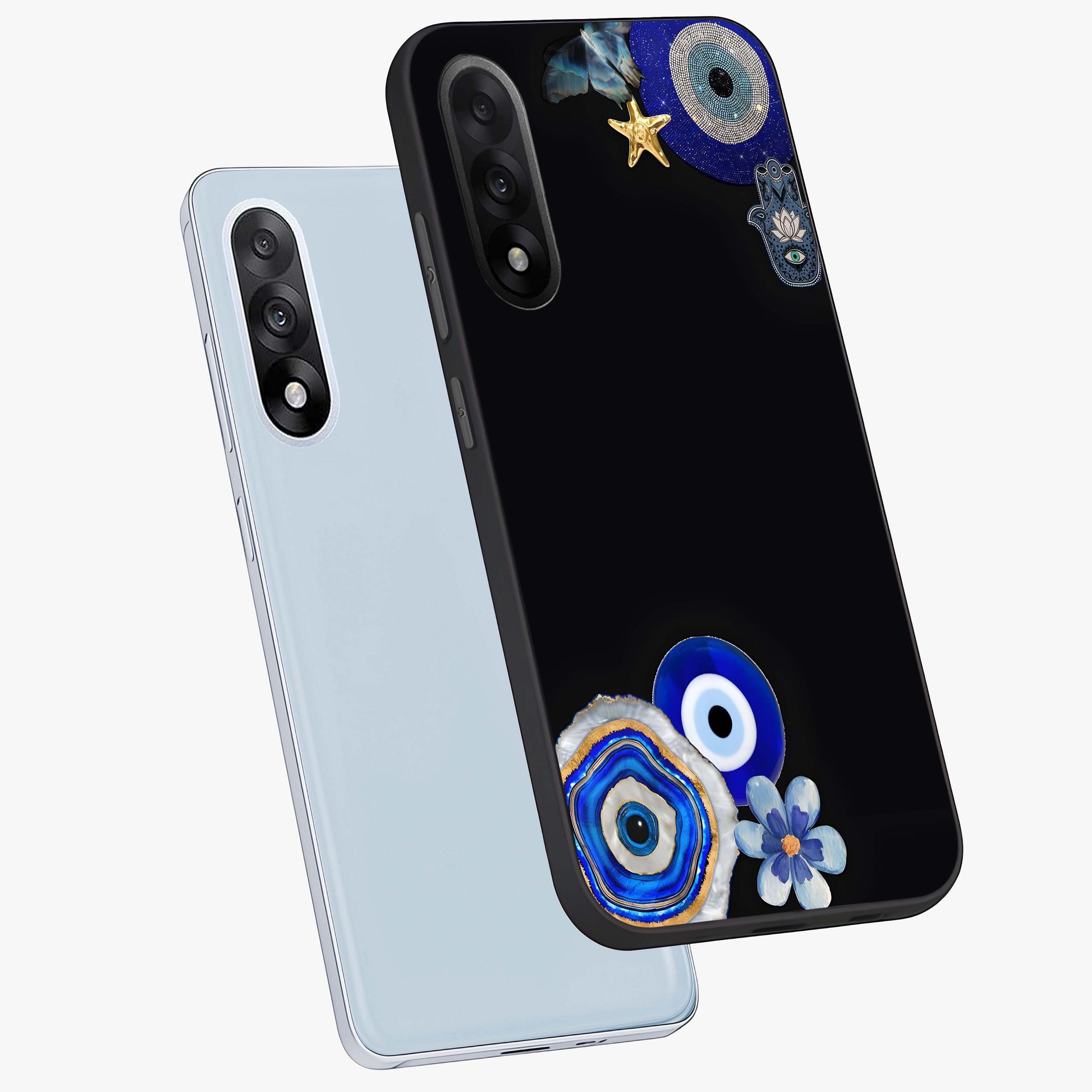 Aesthetic Blue Evil Eye Glass Case for 1+Nord 5 angled mockup showcasing glossy finish and protective symbol design