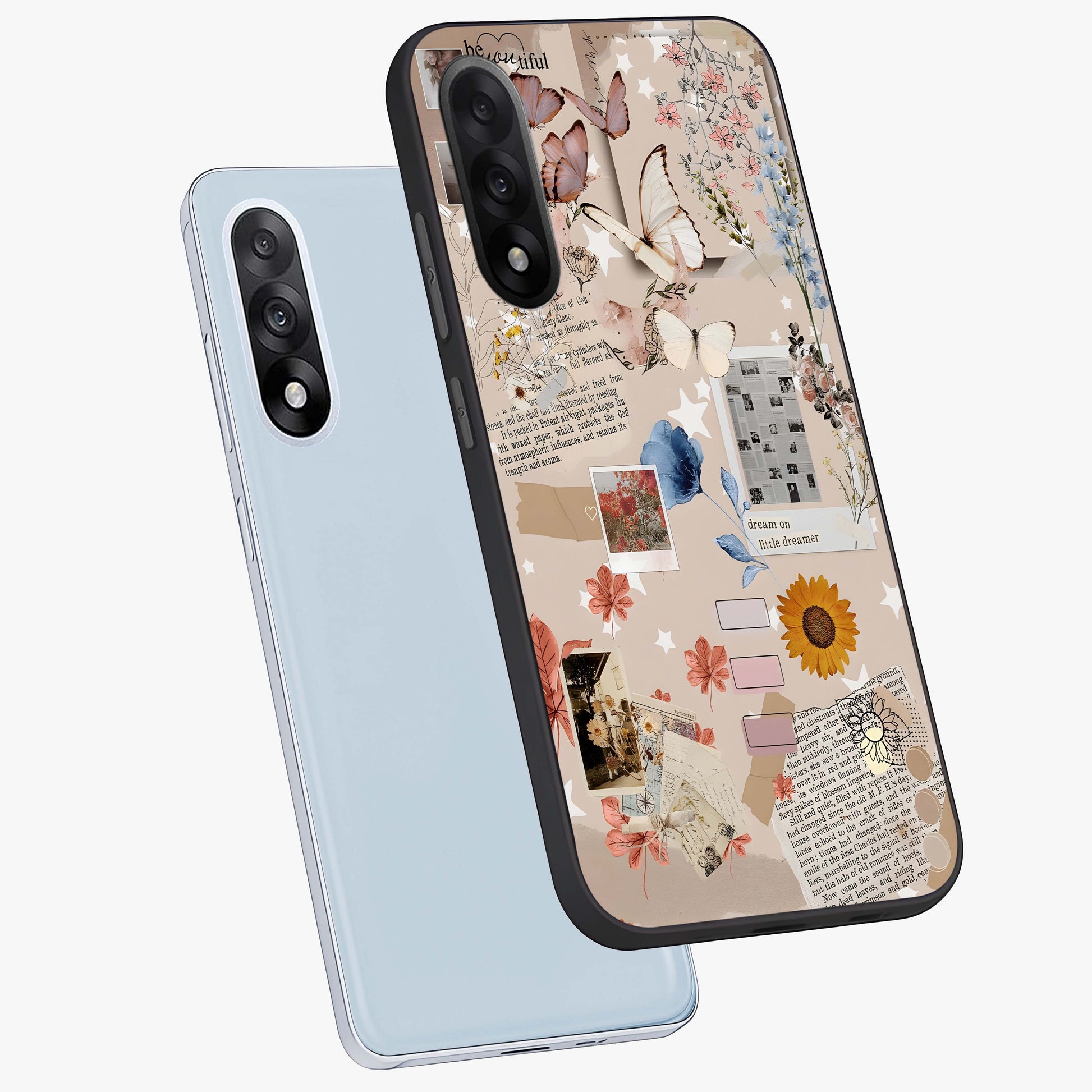 Aesthetic Butterfly Glass Case for 1+Nord 5 angled mockup showcasing glossy glass finish and delicate wing details