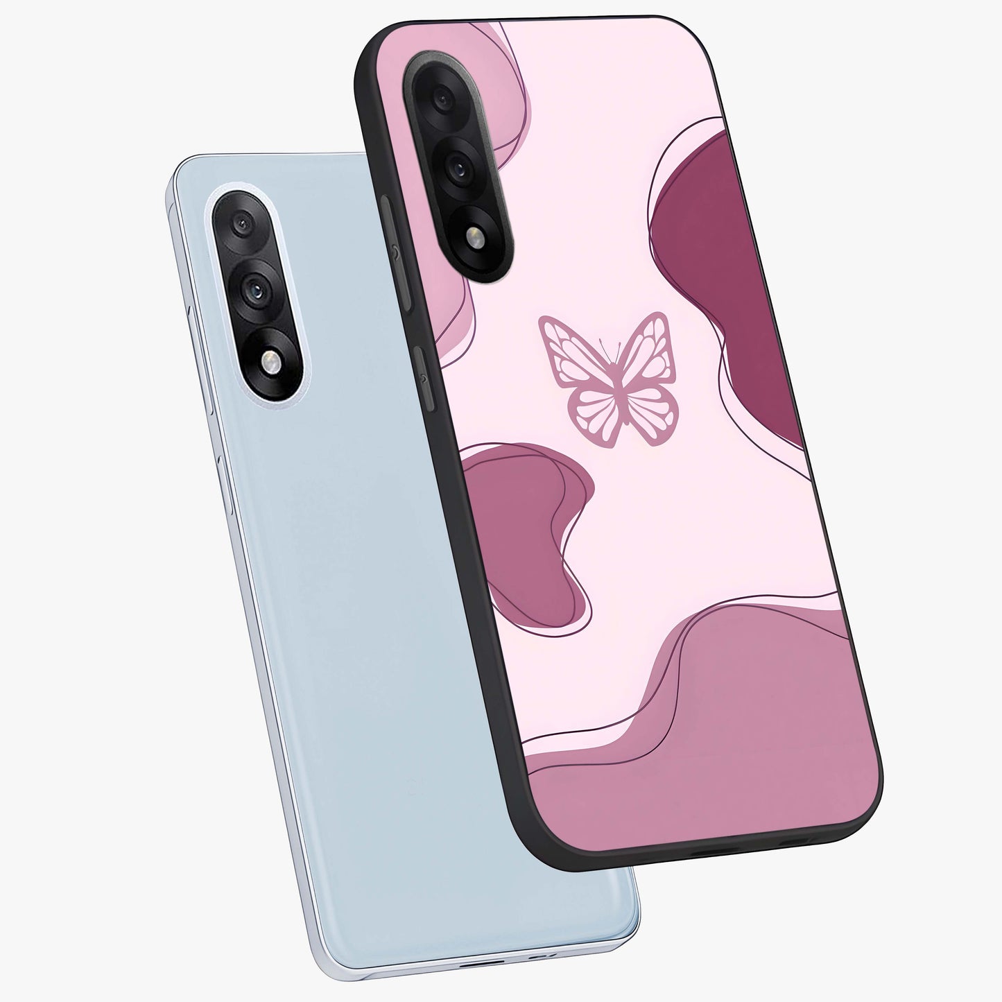 Aesthetic Pinkish Custom Name Butterfly Glass Case for 1+Nord 5 angled mockup showcasing glossy finish and soft pastel tones