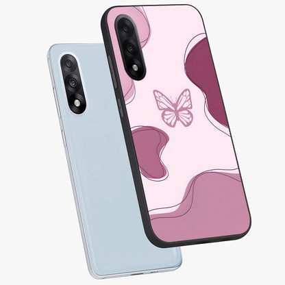 Aesthetic Pinkish Custom Name Butterfly Glass Case for 1+Nord 5 angled mockup showcasing glossy finish and soft pastel tones