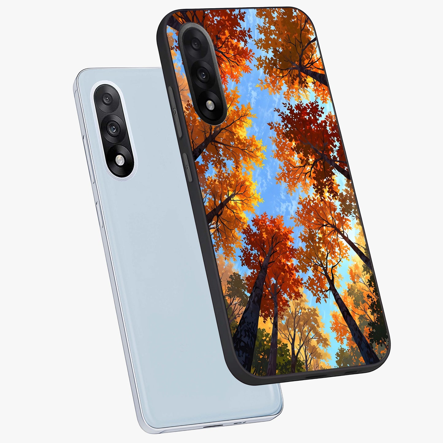 Amber Canopy Glow Glass Case for 1+Nord 5 angled mockup showcasing glossy glass finish and golden amber tones