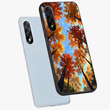 Amber Canopy Glow Glass Case for 1+Nord 5 angled mockup showcasing glossy glass finish and golden amber tones