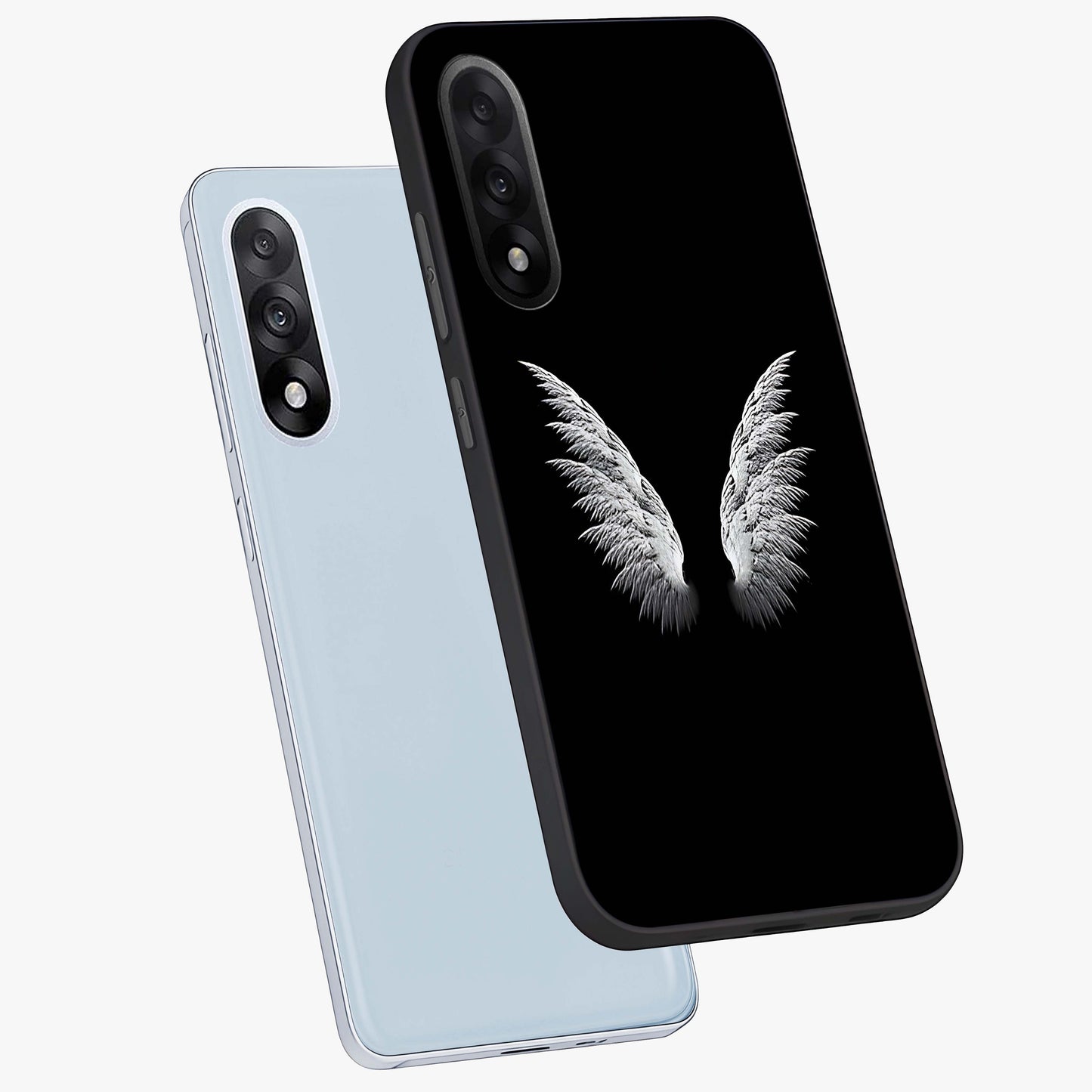 Angel Wing Grace Glass Case for 1+Nord 5 angled mockup showcasing glossy finish and graceful feather design