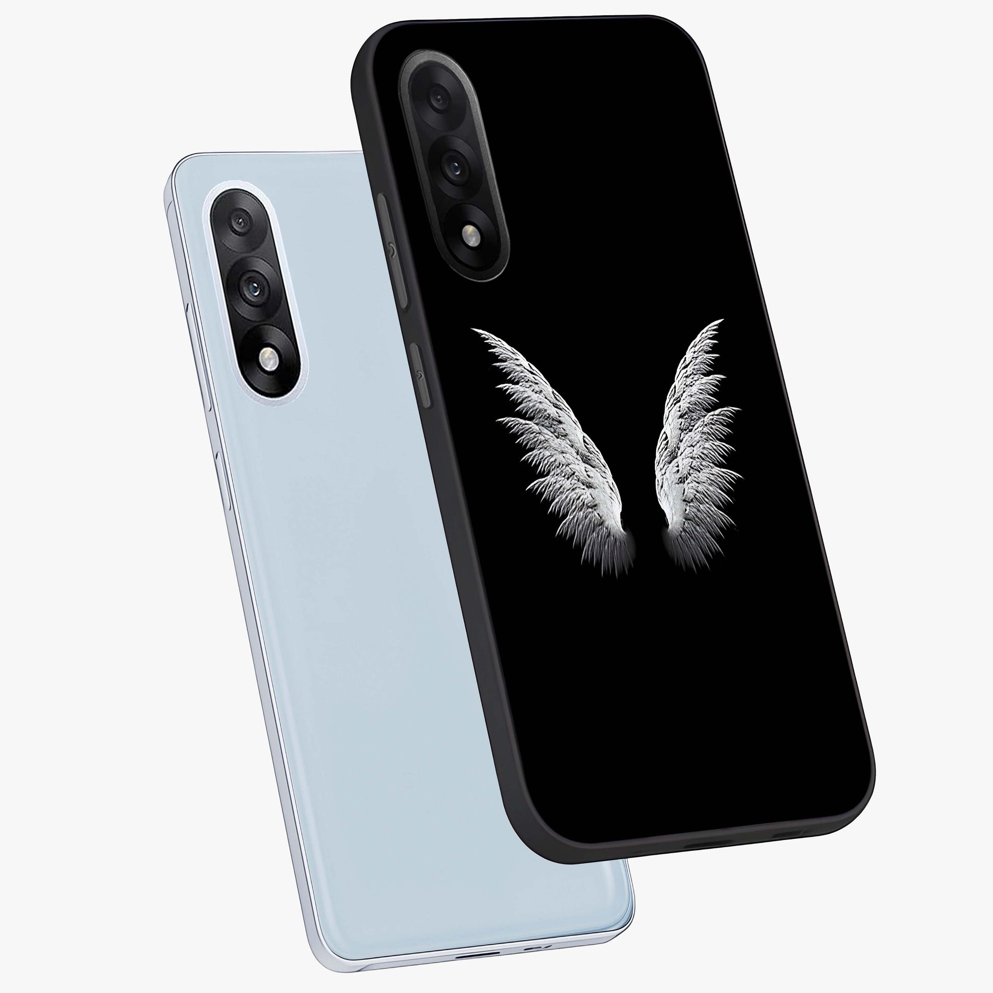Angel Wing Grace Glass Case for 1+Nord 5 angled mockup showcasing glossy finish and graceful feather design