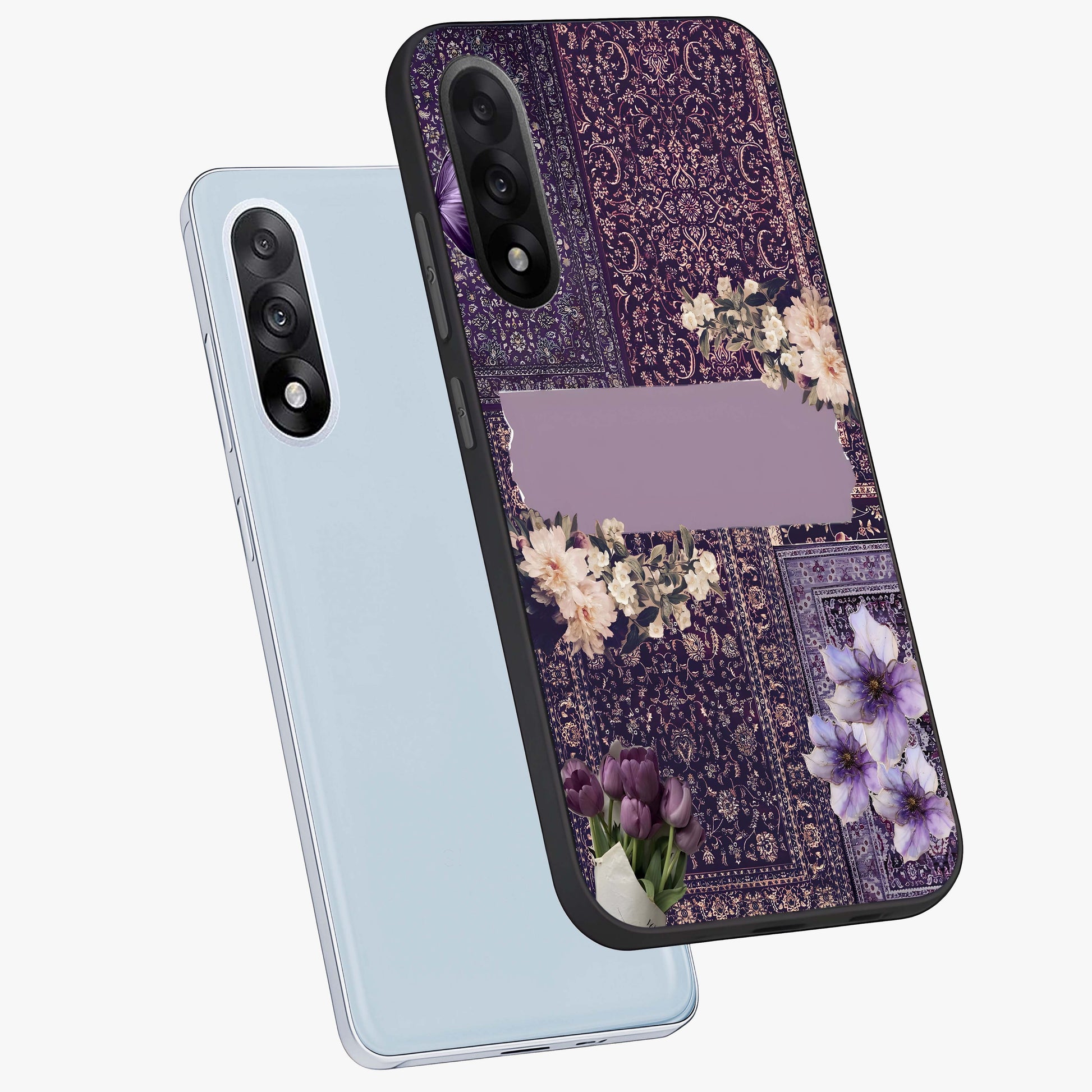 Antique Floral Whisper Glass Case for 1+Nord 5 angled mockup showcasing glossy finish and classic botanical design