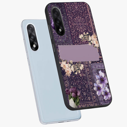 Antique Floral Whisper Glass Case for 1+Nord 5 angled mockup showcasing glossy finish and classic botanical design