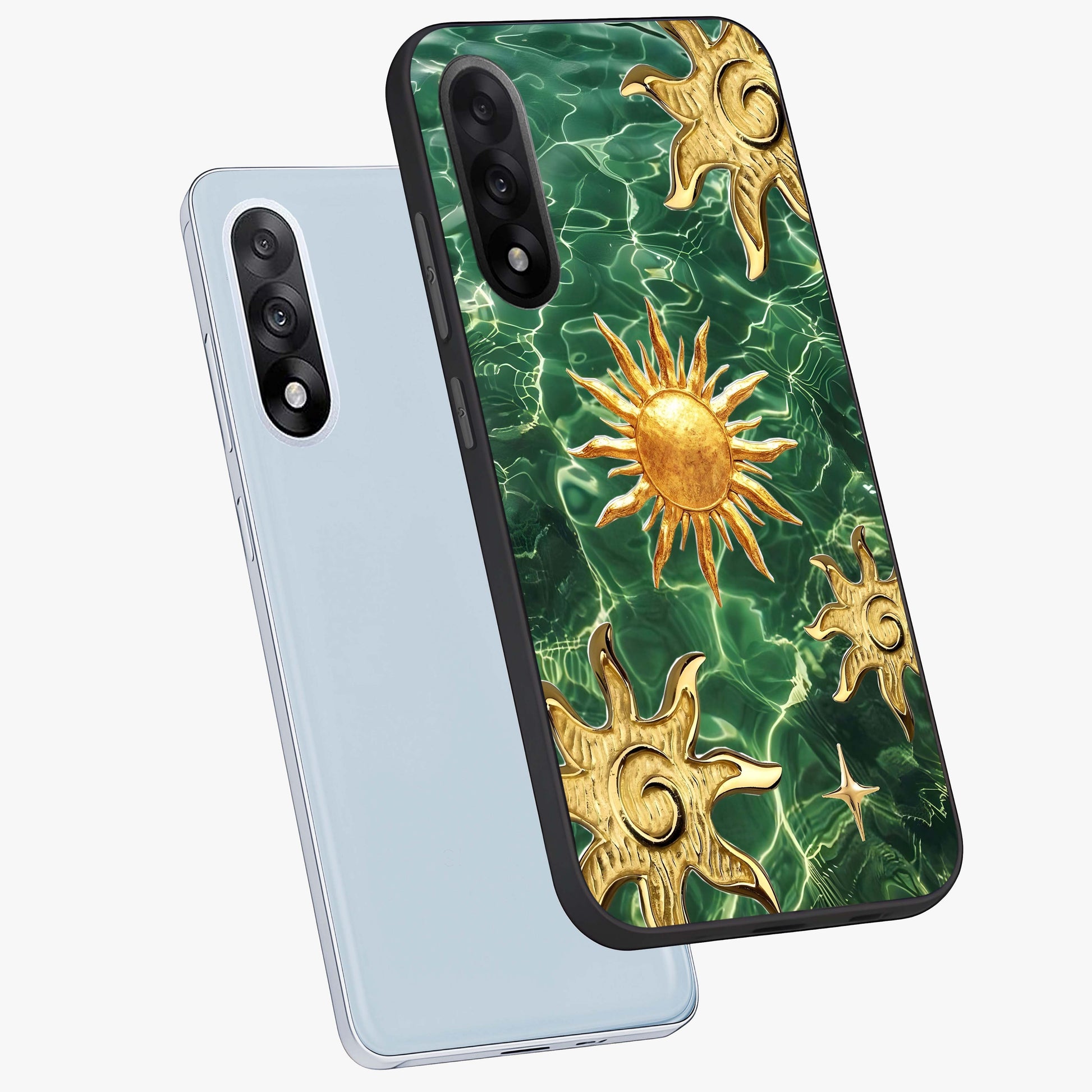 Aqua Sun Mirage Glass Case for 1+Nord 5 angled mockup showcasing glossy glass finish and radiant gradient tones