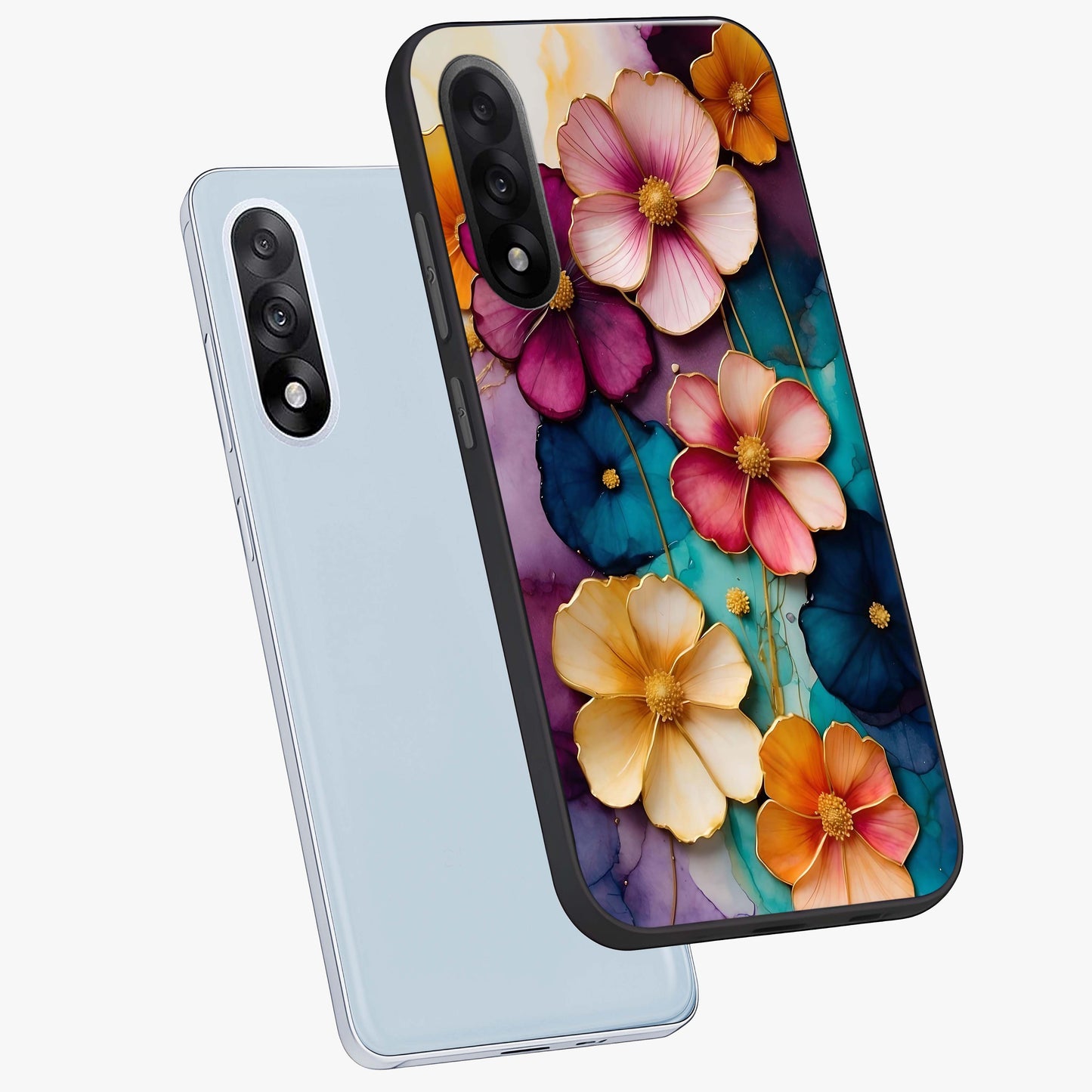 Artlyn Grace Flower Pattern Glass Case for 1+Nord 5 angled mockup showcasing glossy finish and graceful flower detailing