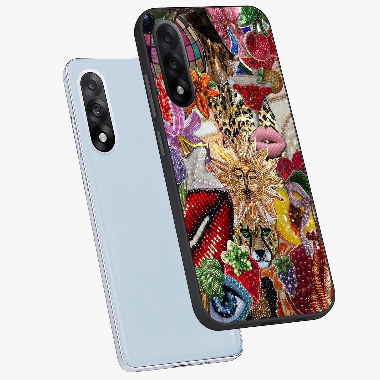 Beaded Fashion Jungle Glass Case for 1+Nord 5 angled mockup showcasing glossy finish and vibrant tropical design