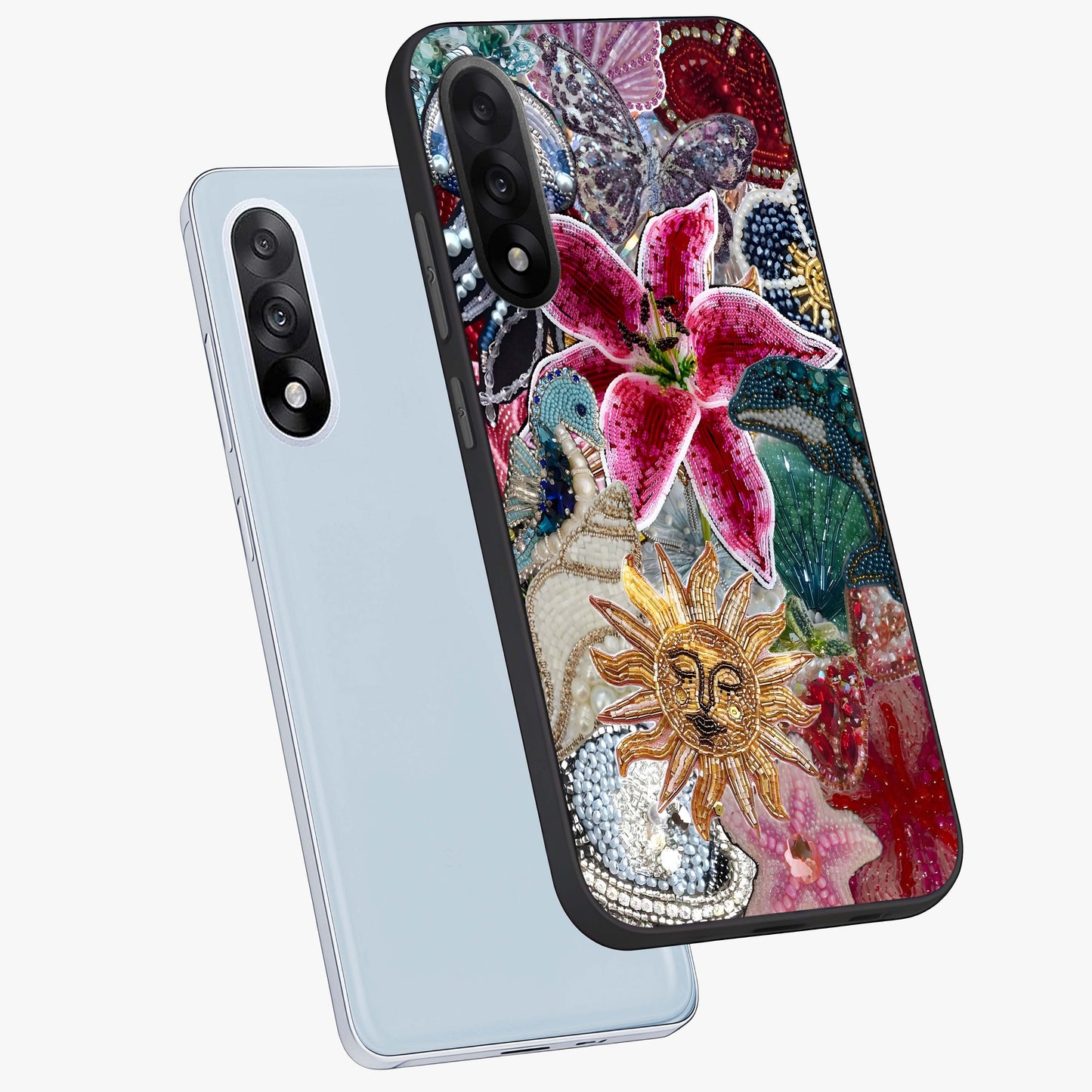 Beaded Garden Fantasy Glass Case for 1+Nord 5 angled mockup showcasing glossy finish and detailed fantasy design