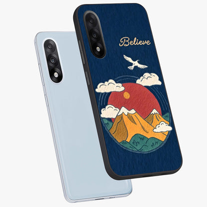 Believe Sky Escape Glass Case for 1+Nord 5 angled mockup showcasing glossy finish and serene cloud design