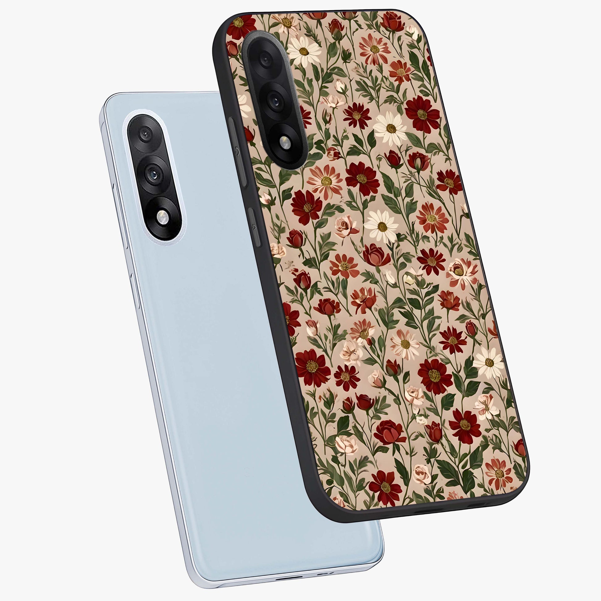 Biege Flower With Leaf Glass Case for 1+Nord 5 angled mockup showcasing glossy finish and minimal botanical design