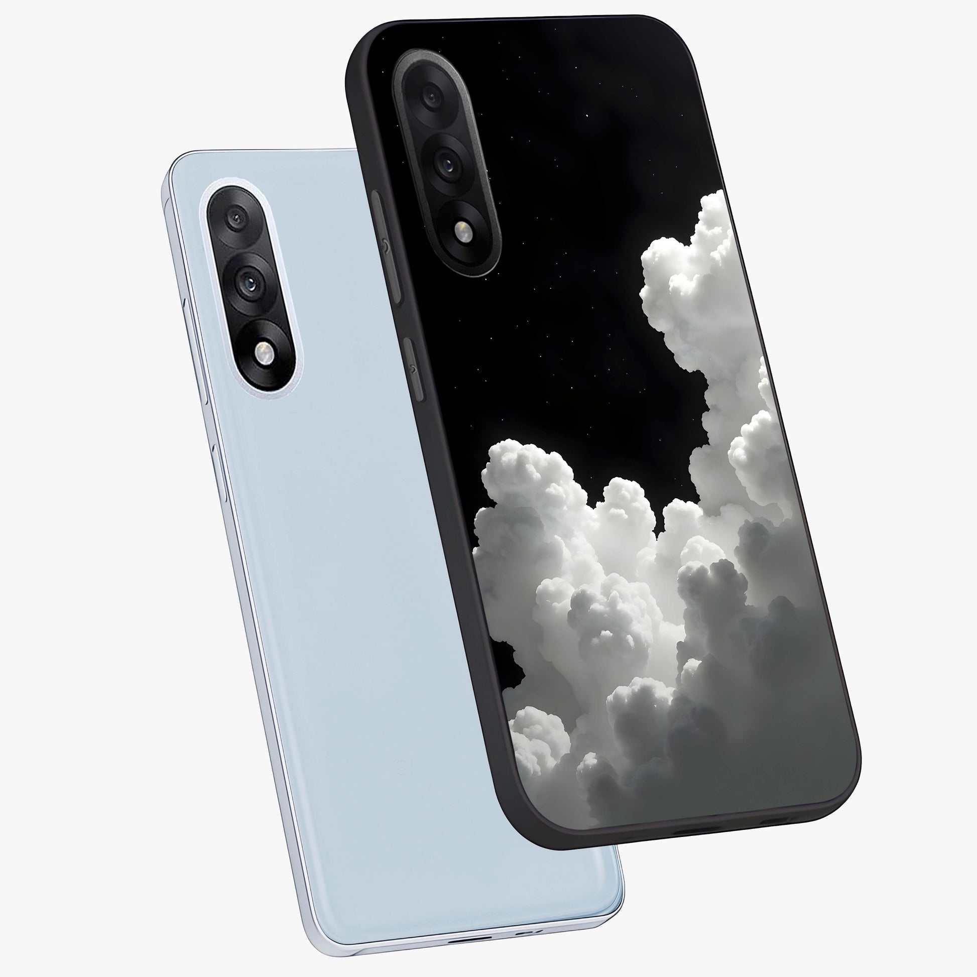 Black Background With White Cloud Glass Case for 1+Nord 5 angled mockup showcasing glossy finish and high contrast design