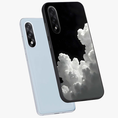 Black Background With White Cloud Glass Case for 1+Nord 5 angled mockup showcasing glossy finish and high contrast design